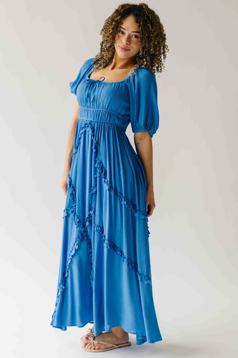 The Munson Intricate Ruffle Maxi Dress in Blue