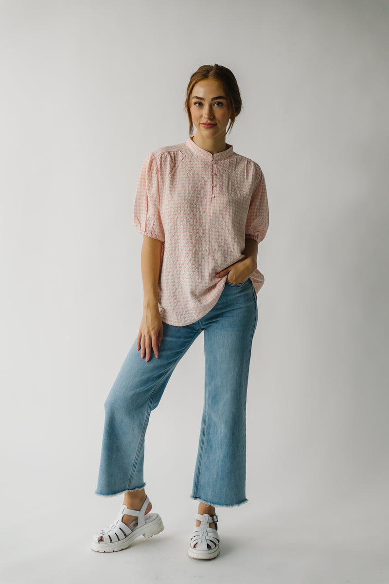 The Brinkley Gingham Puff Sleeve Blouse in Pink