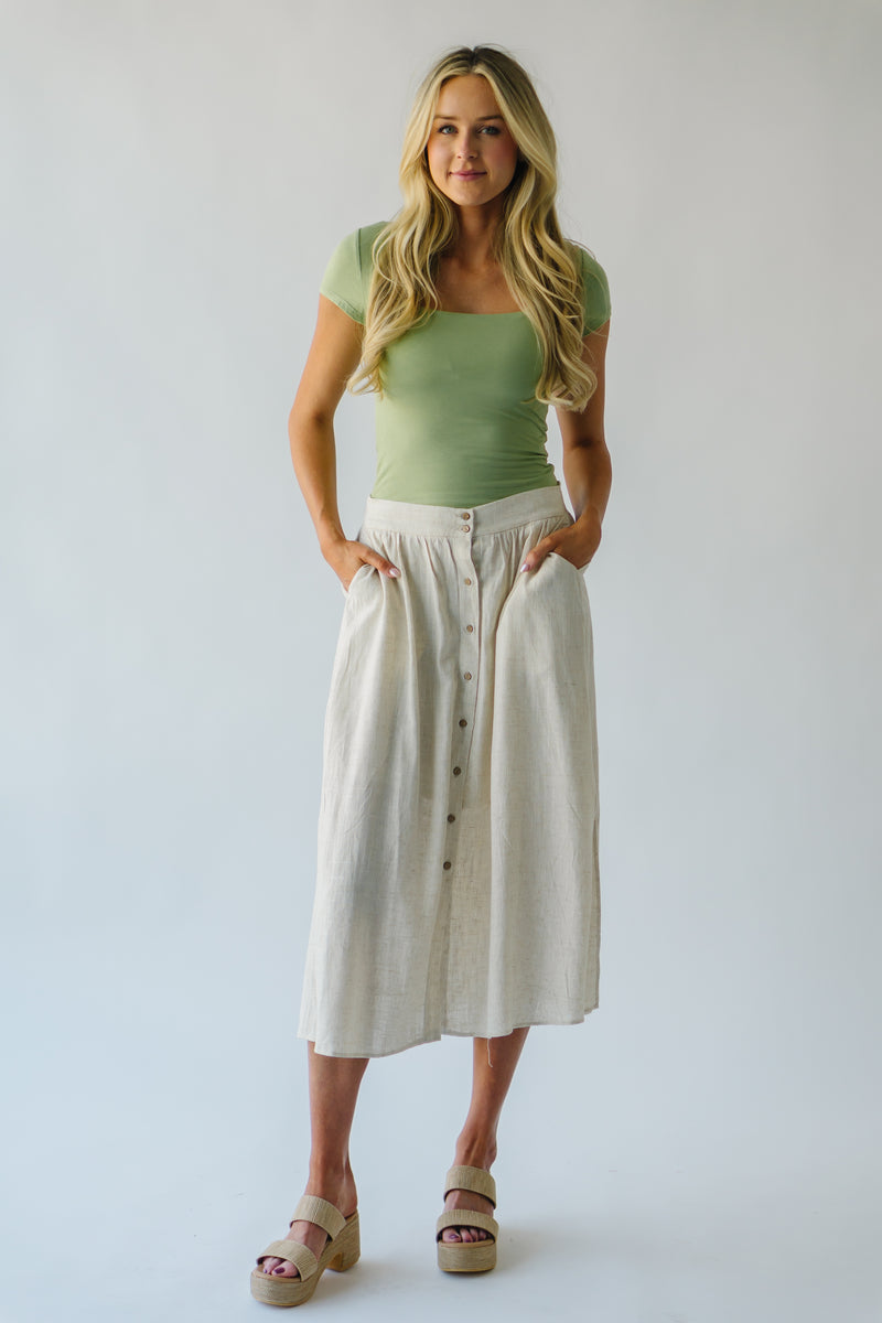 The Epling Button Front Midi Skirt in Natural