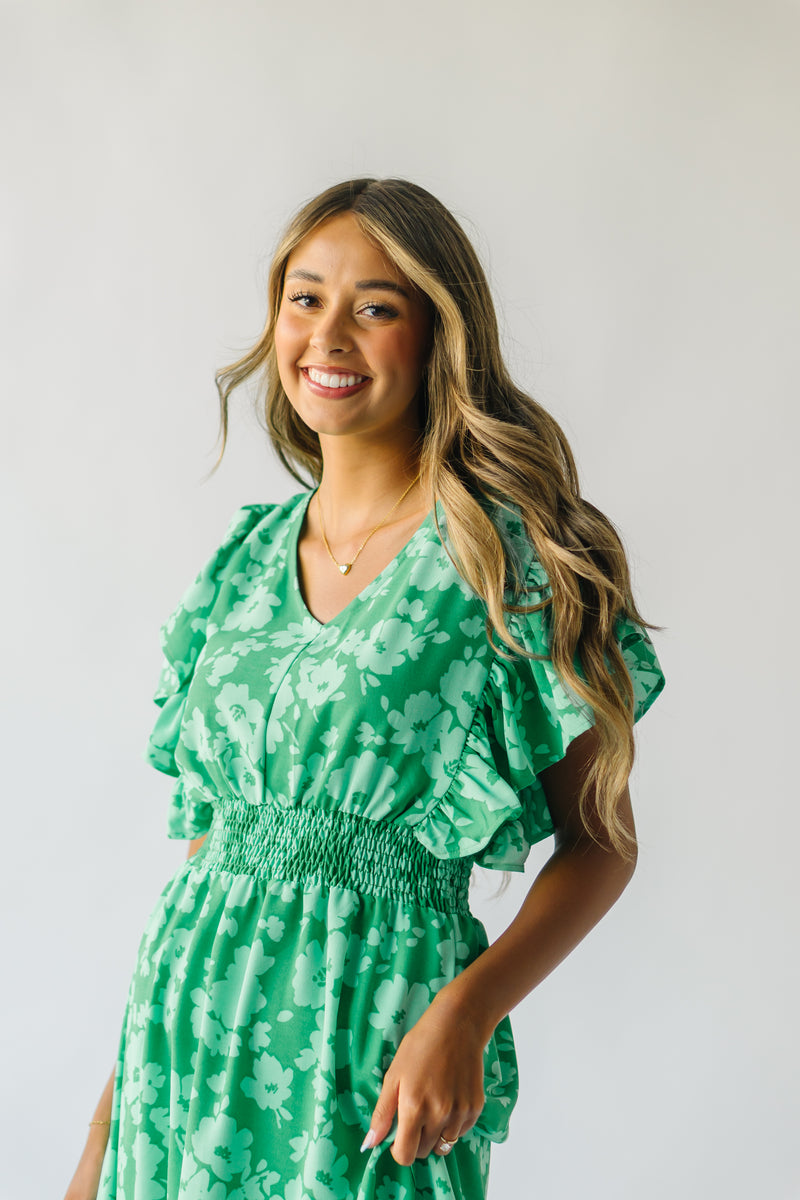 The Brumley Ruffle Sleeve Midi Dress in Kelly Green Floral