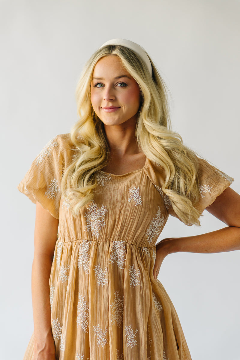 The Ozley Embroidered Bubble Sleeve Dress in Camel