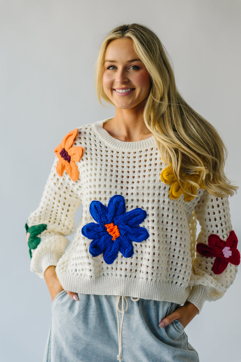 The Davila Large Floral Embroidered Sweater in Ivory
