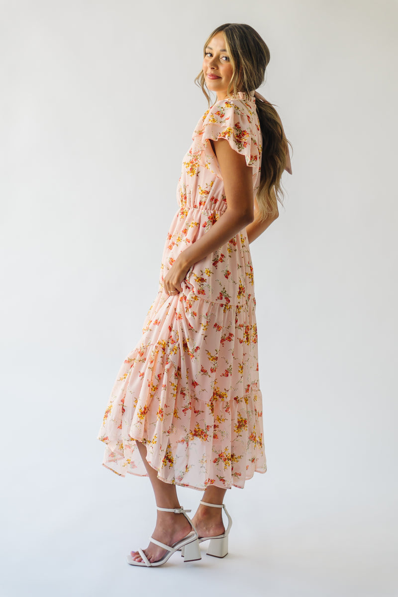 The Kirkley Ruffle Detail Chiffon Maxi Dress in Peach