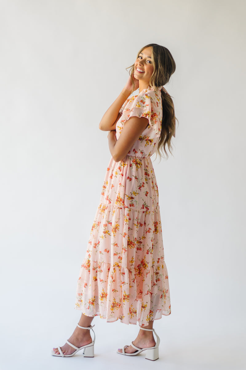 The Kirkley Ruffle Detail Chiffon Maxi Dress in Peach