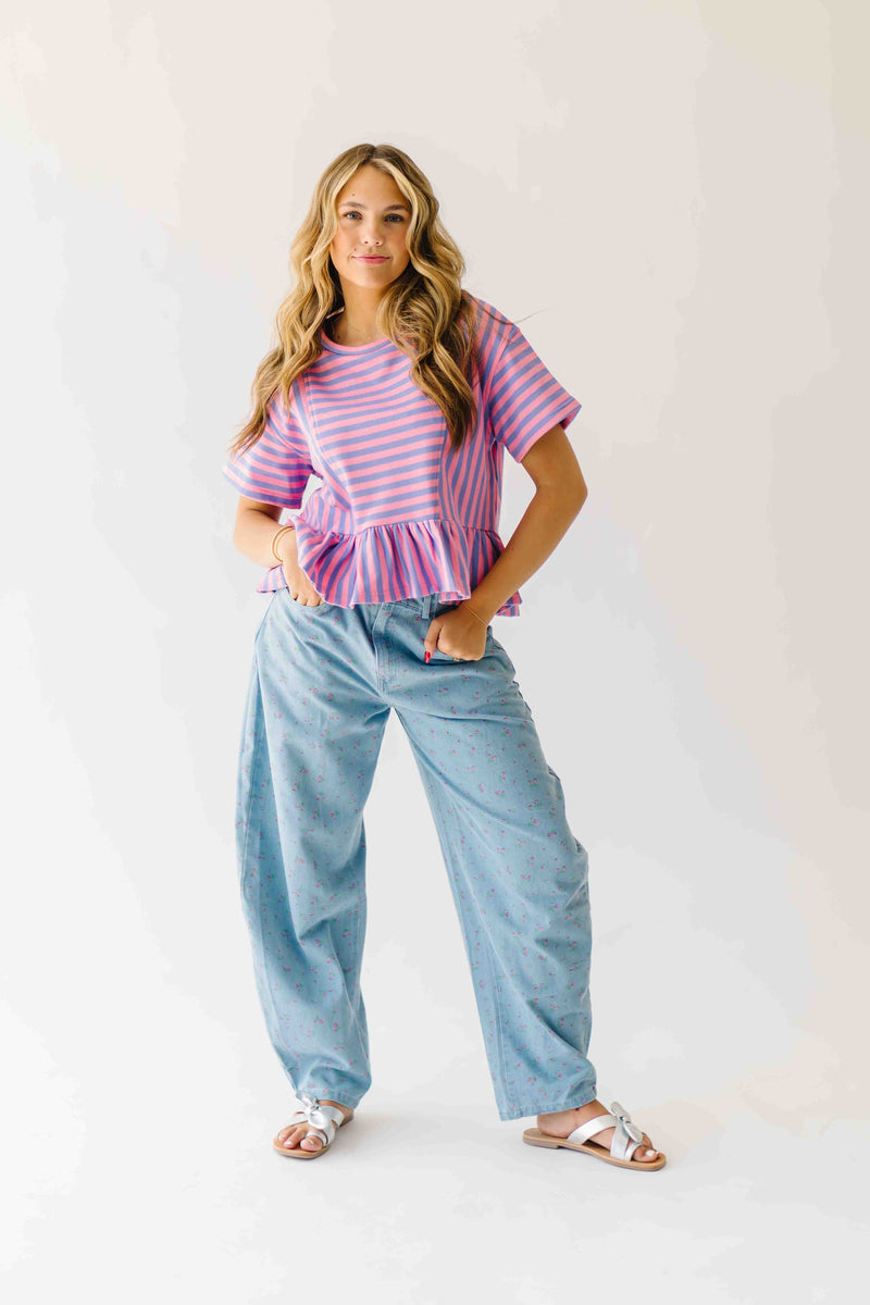 The Rayne Ruffle Hem Striped Blouse in Purple + Pink