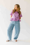 The Rayne Ruffle Hem Striped Blouse in Purple + Pink