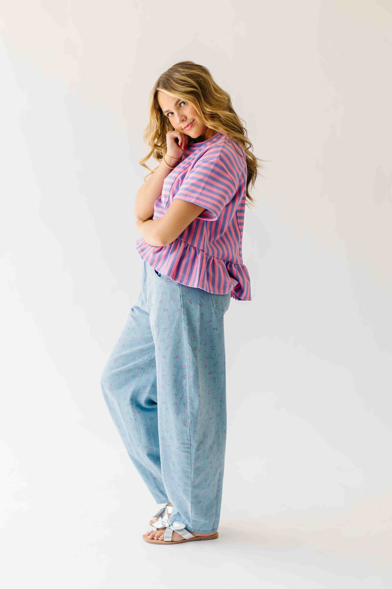 The Rayne Ruffle Hem Striped Blouse in Purple + Pink