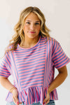 The Rayne Ruffle Hem Striped Blouse in Purple + Pink