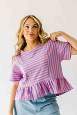 The Rayne Ruffle Hem Striped Blouse in Purple + Pink
