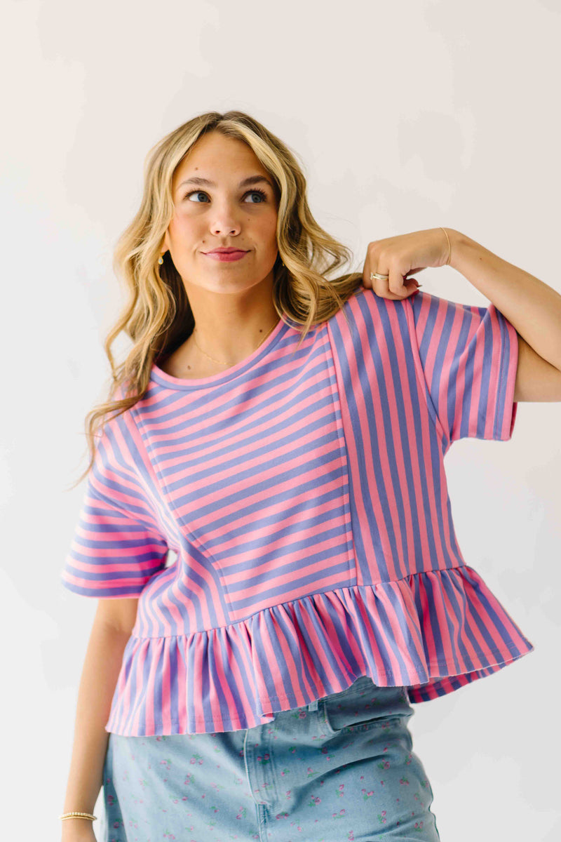 The Rayne Ruffle Hem Striped Blouse in Purple + Pink