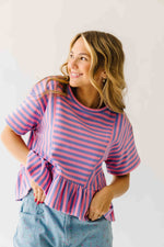 The Rayne Ruffle Hem Striped Blouse in Purple + Pink