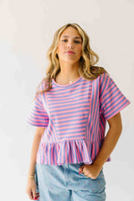 The Rayne Ruffle Hem Striped Blouse in Purple + Pink