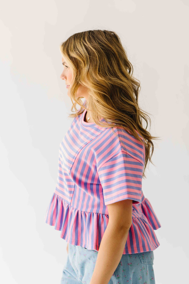 The Rayne Ruffle Hem Striped Blouse in Purple + Pink
