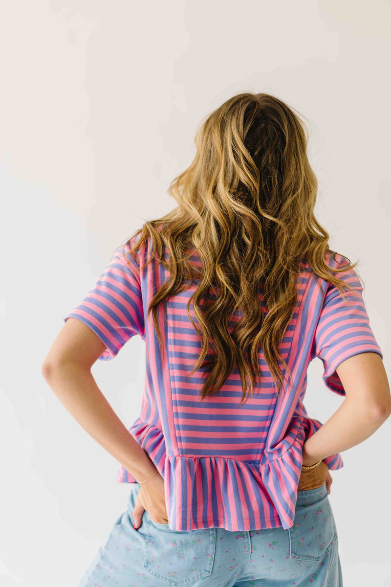 The Rayne Ruffle Hem Striped Blouse in Purple + Pink