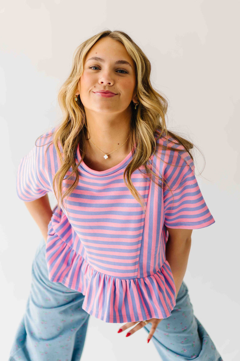 The Rayne Ruffle Hem Striped Blouse in Purple + Pink