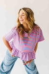 The Rayne Ruffle Hem Striped Blouse in Purple + Pink