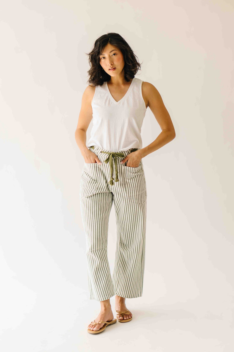 The Yorkana Eyelet Waist Barrel Jean in Striped Olive
