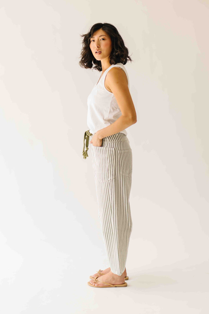 The Yorkana Eyelet Waist Barrel Jean in Striped Olive