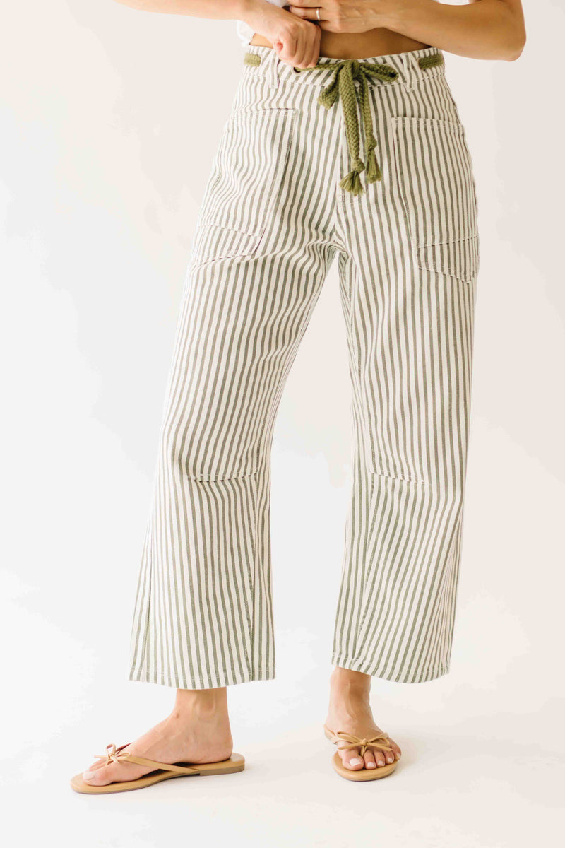 The Yorkana Eyelet Waist Barrel Jean in Striped Olive