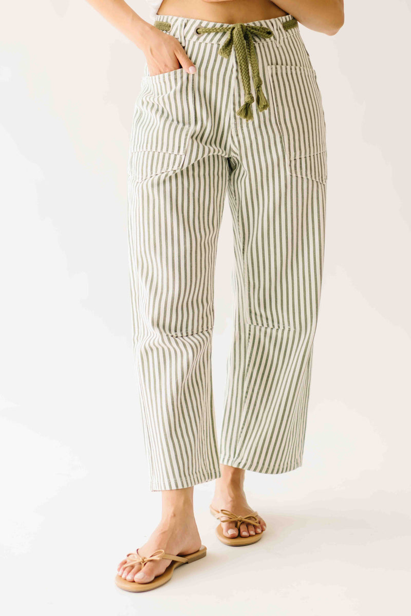 The Yorkana Eyelet Waist Barrel Jean in Striped Olive