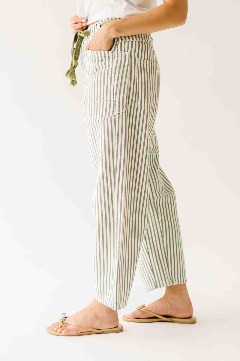 The Yorkana Eyelet Waist Barrel Jean in Striped Olive