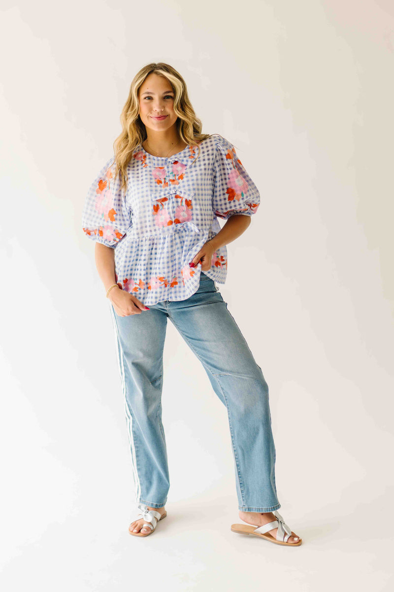 The Rozler Embroidered Blouse in Blue Gingham