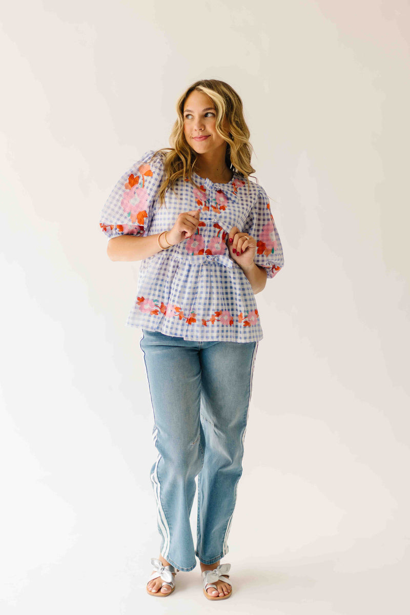 The Rozler Embroidered Blouse in Blue Gingham