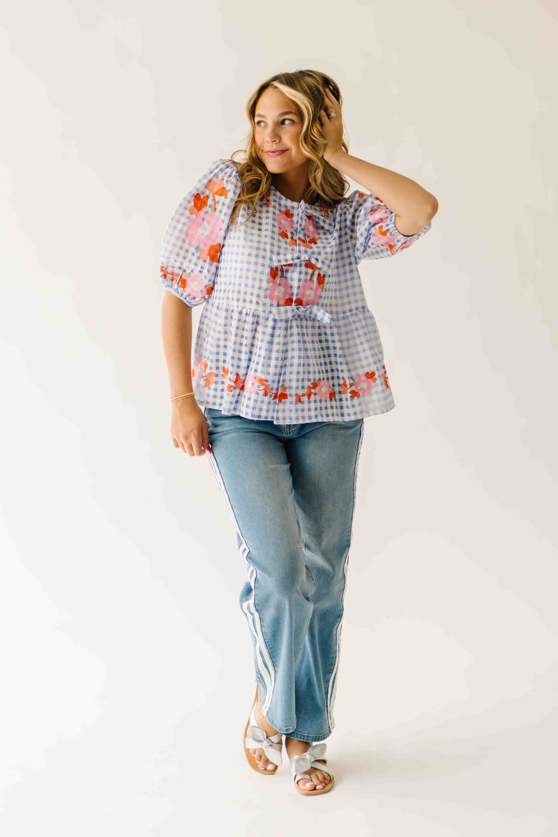 The Rozler Embroidered Blouse in Blue Gingham