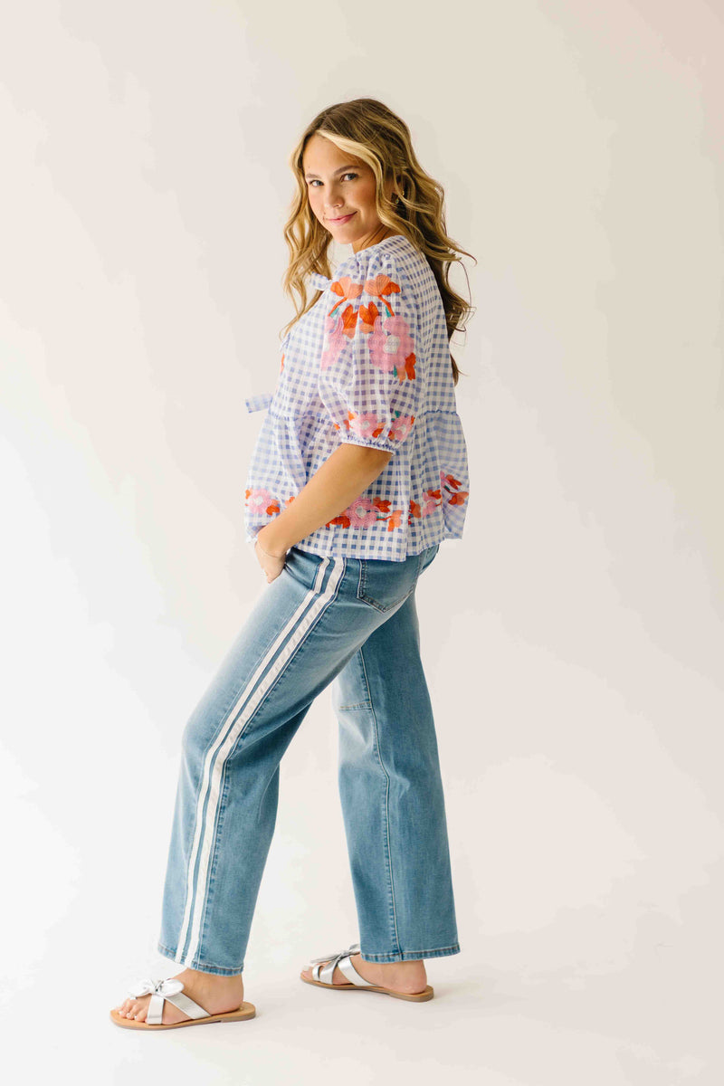 The Rozler Embroidered Blouse in Blue Gingham