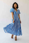 The Parrish V-Neck Striped Midi Dress in White + Blue