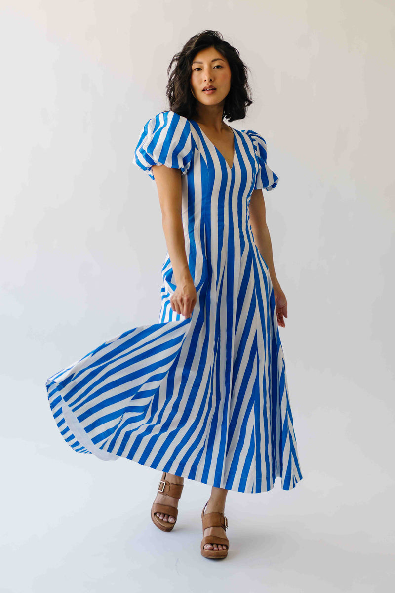 The Parrish V-Neck Striped Midi Dress in White + Blue