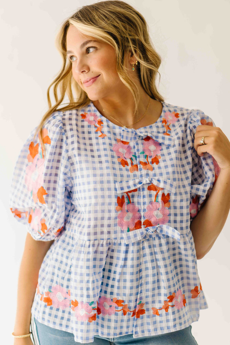 The Rozler Embroidered Blouse in Blue Gingham