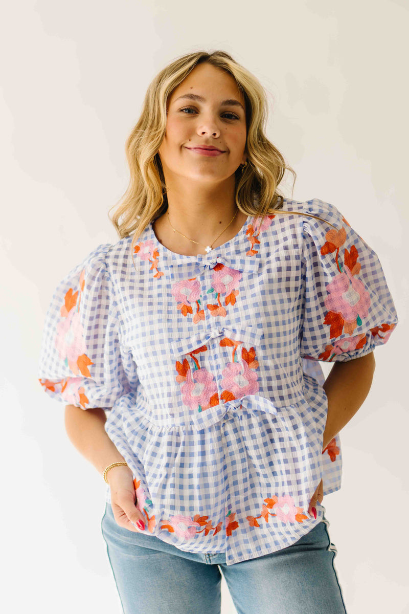 The Rozler Embroidered Blouse in Blue Gingham