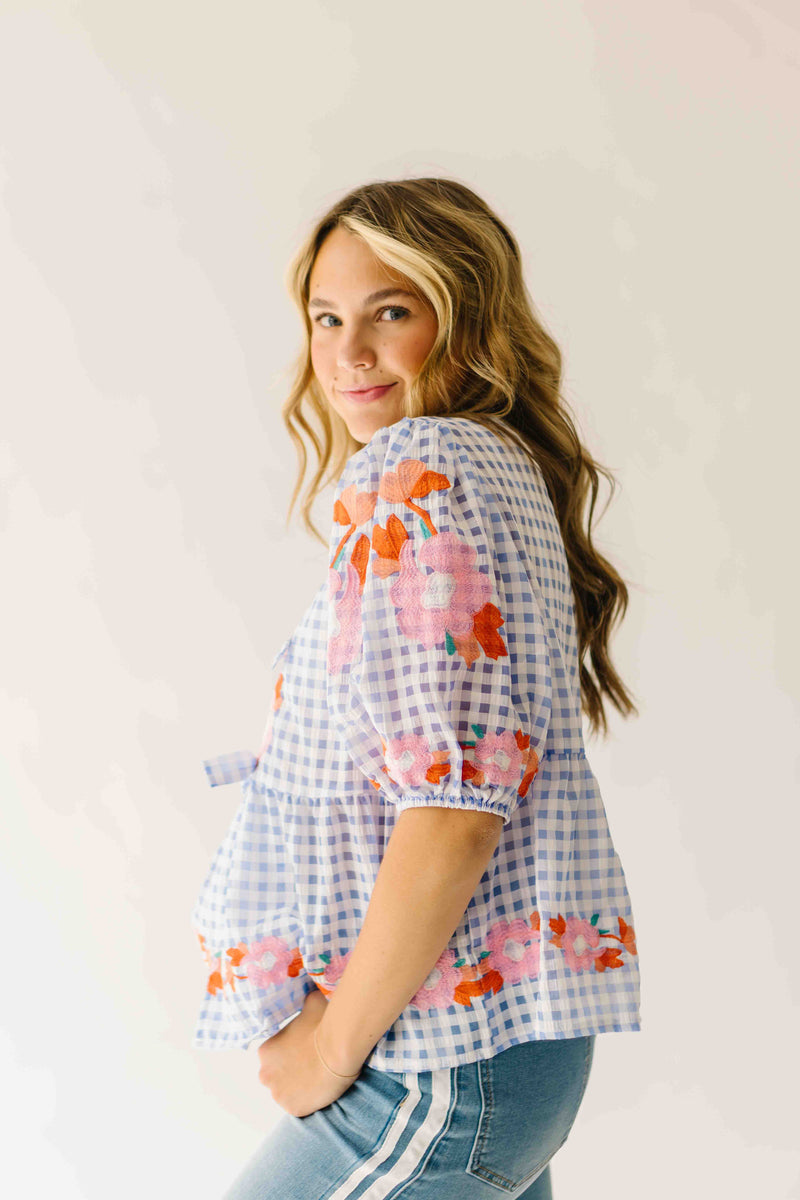 The Rozler Embroidered Blouse in Blue Gingham