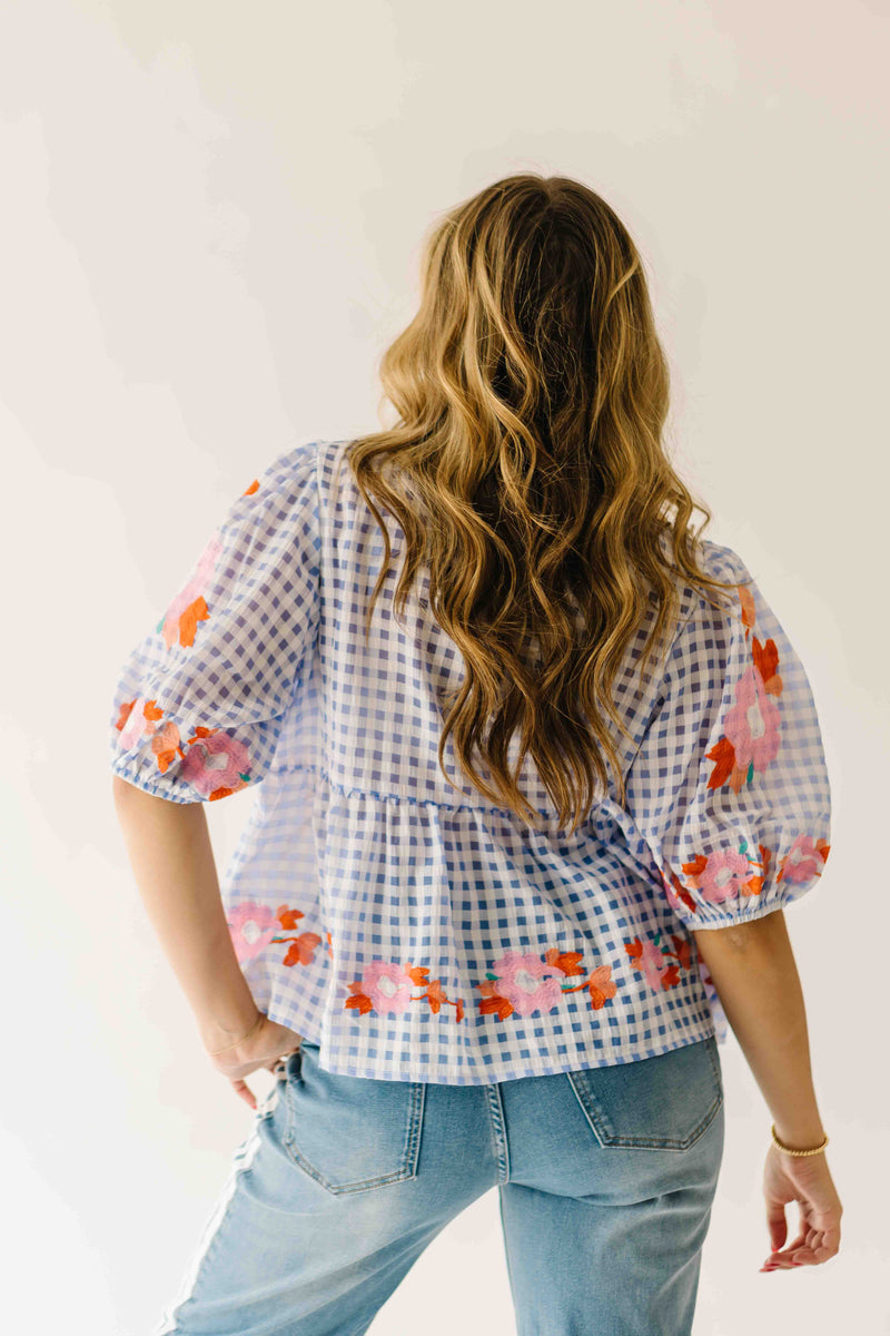 The Rozler Embroidered Blouse in Blue Gingham