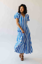 The Parrish V-Neck Striped Midi Dress in White + Blue