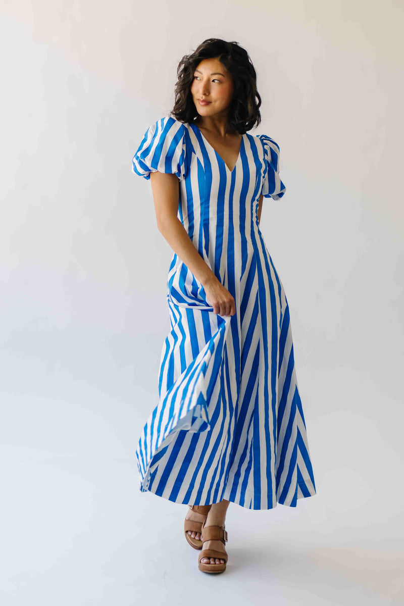 The Parrish V-Neck Striped Midi Dress in White + Blue