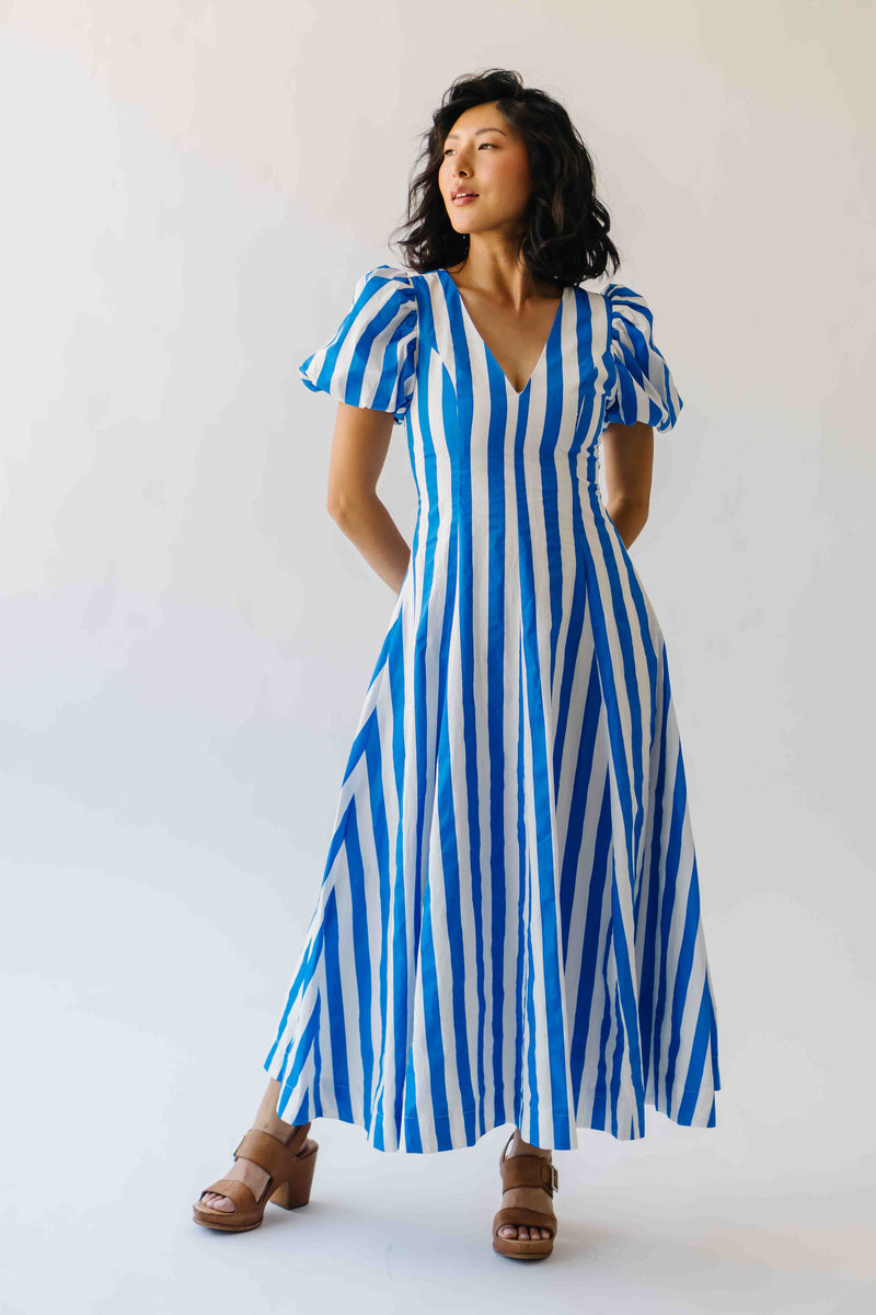 The Parrish V-Neck Striped Midi Dress in White + Blue