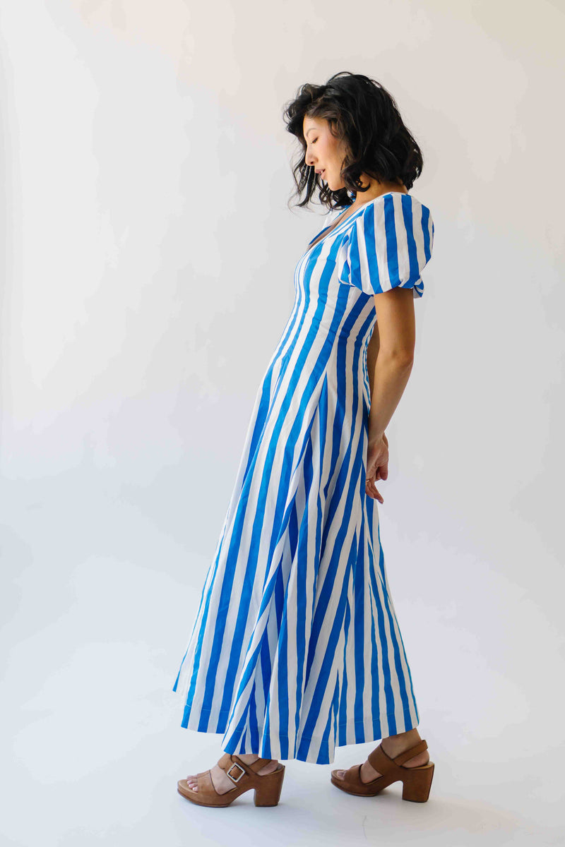 The Parrish V-Neck Striped Midi Dress in White + Blue