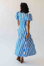 The Parrish V-Neck Striped Midi Dress in White + Blue