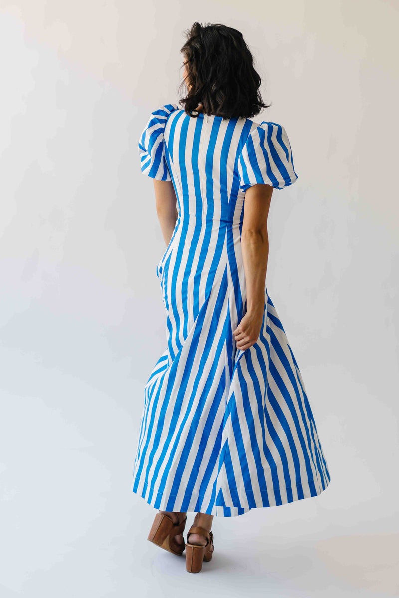 The Parrish V-Neck Striped Midi Dress in White + Blue