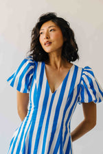 The Parrish V-Neck Striped Midi Dress in White + Blue