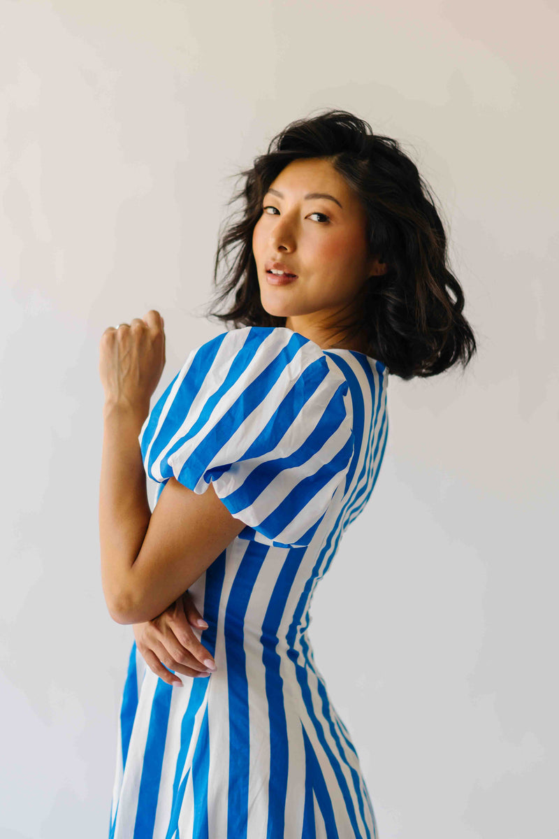 The Parrish V-Neck Striped Midi Dress in White + Blue