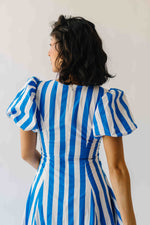 The Parrish V-Neck Striped Midi Dress in White + Blue