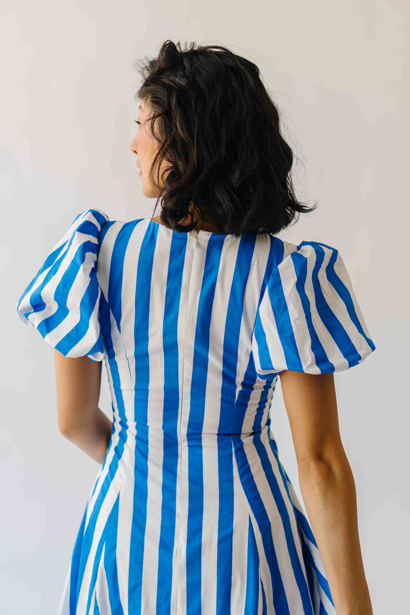The Parrish V-Neck Striped Midi Dress in White + Blue
