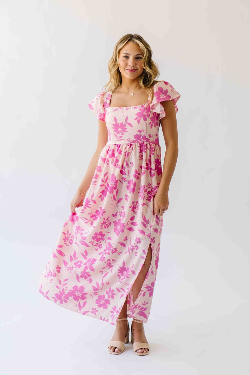 The Brennan Square Neck Floral Midi Dress in Blush Pink