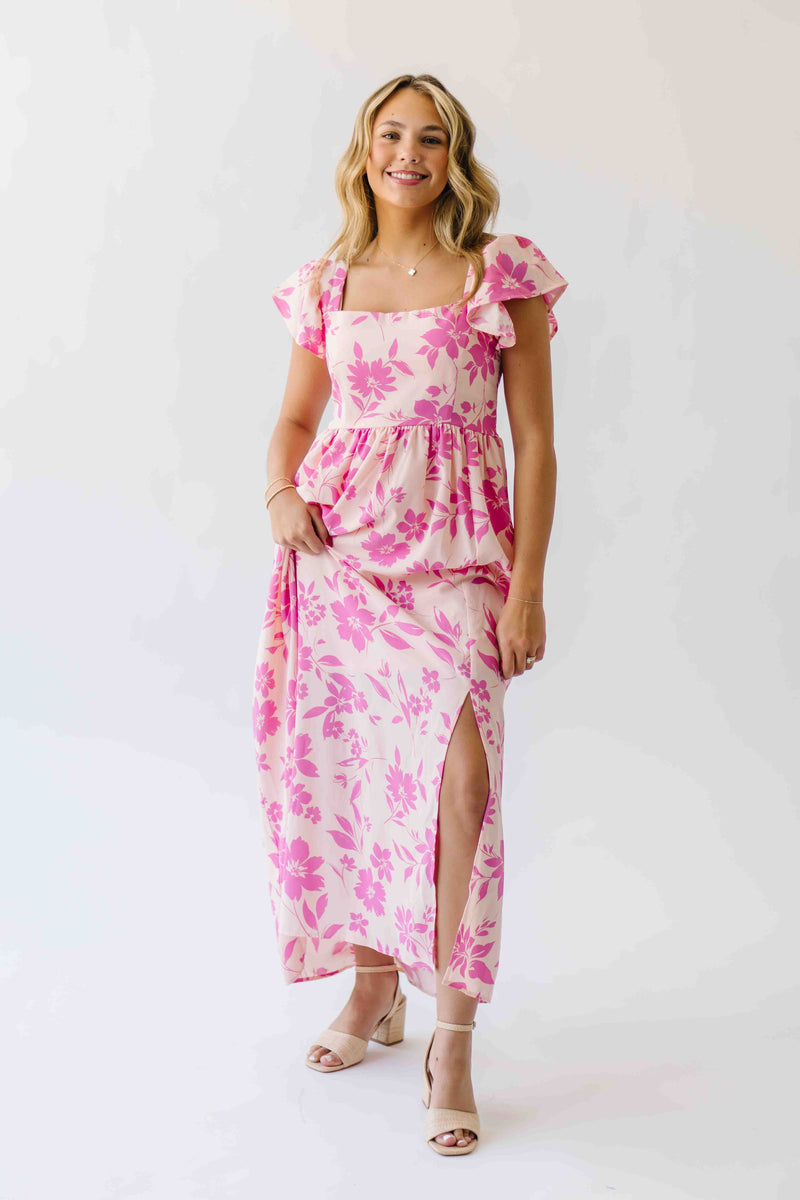 The Brennan Square Neck Floral Midi Dress in Blush Pink