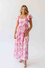 The Brennan Square Neck Floral Midi Dress in Blush Pink