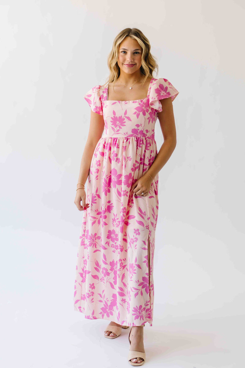 The Brennan Square Neck Floral Midi Dress in Blush Pink