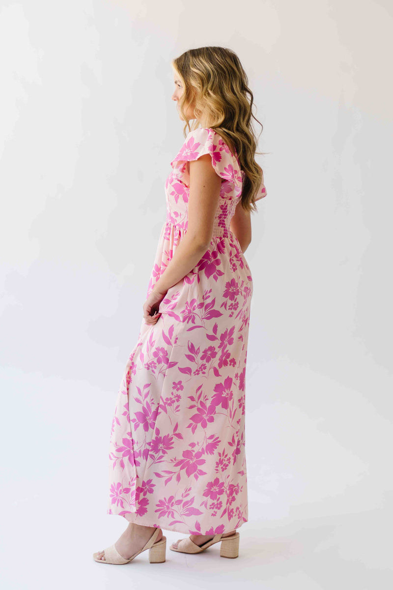 The Brennan Square Neck Floral Midi Dress in Blush Pink